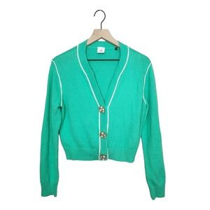 CABI #5459 Wallis Cropped Jewel Button Green Knit Cardigan Women's Size M